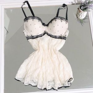 Enchanted Cream Lace & Black Underwire Push Up Slip Dress